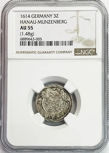 1614 SILVER COUNTY OF HANAU MUNZENBERG GERMAN STATES 3 KREUZER NGC ABOUT UNC 55 - Picture 1 of 2