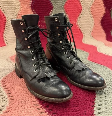 Justin Boots 506 Black Lace Up Womens 7 A Leather Casual Boots L0506 Made In USA - Image 1 of 4