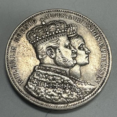 1861 German States Prussia Wilhelm I Coronation Silver 1 Thaler AU Det.-Cleaned - Image 1 of 4