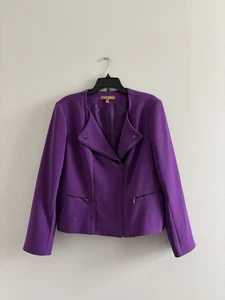 Ellen Tracy Moto Jacket Purple Collarless Zip Snap Stretch Knit Women L Casual - Picture 1 of 12