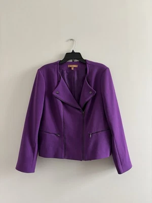 Ellen Tracy Moto Jacket Purple Collarless Zip Snap Stretch Knit Women L Casual - Image 1 of 4
