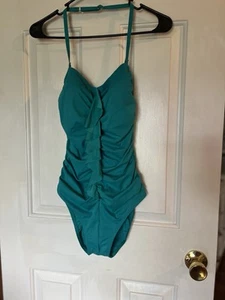 One Piece Women's Jantzen Bathing Suit Size 8 Ruffle Front Dark Aqua Blue - Picture 1 of 13