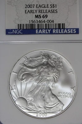 NGC MS69 2007 American Silver Eagle lanzamientos tempranos #B51076 Foto 1 de 2
