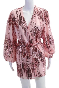 Designer Women Wrap Mini Dress Pink V-Neck Long Sleeve Tie Size S - Picture 1 of 5