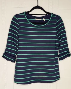 Soft Surroundings Small Navy Green Stripe Roll Tab 3/4 Sleeve Round Neck Top - Picture 1 of 12