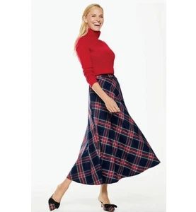 Talbots 14W Red Navy Blue Holiday Plaid Wool Blend A-Line Midi Skirt - Picture 1 of 12