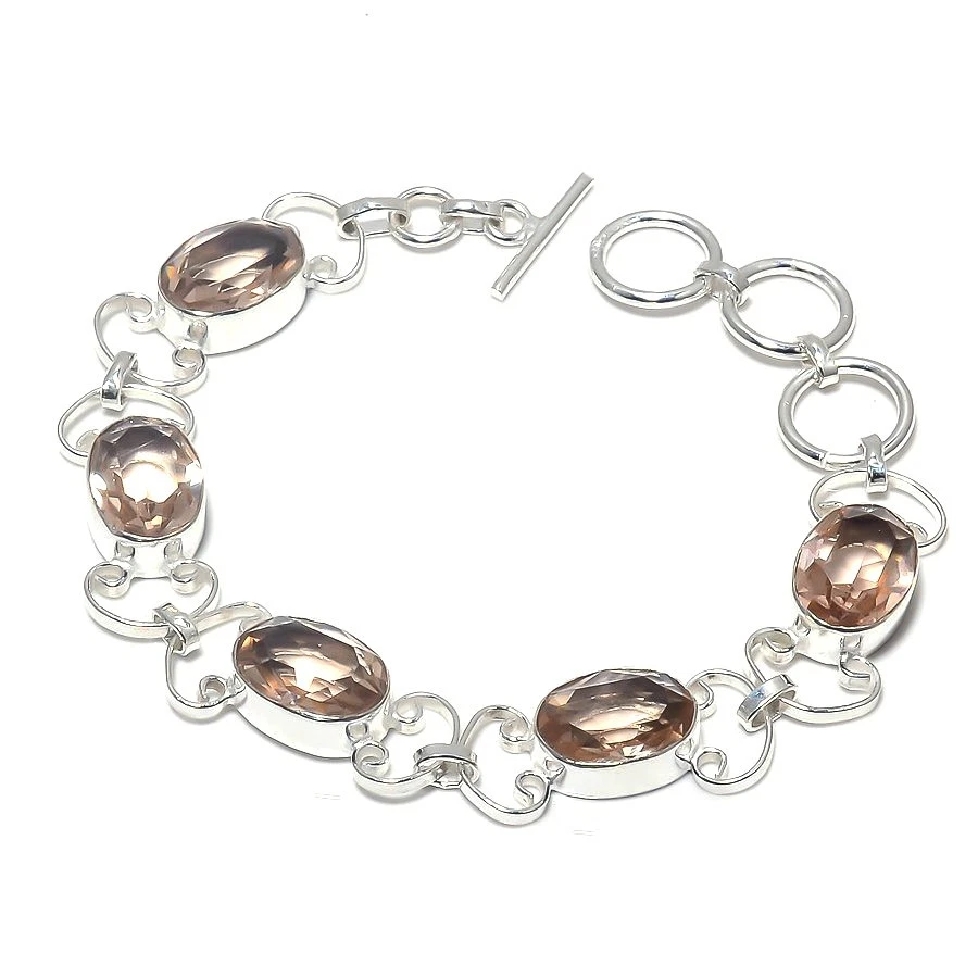 Peach Morganite Gemstone 手工制作 925 纯银珠宝手链 尺寸 7-8 — 第 1/1 张图片