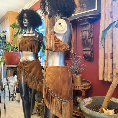 Leather Halter Top Mini Fringe Skirt Small Costumes Brown Womens Halloween -RARE - Image 1 of 4