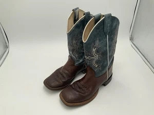 Old West Youth Unisex Broad Square Brown Blue Leather Cowboy Boots 1914 6.5D - Picture 1 of 5