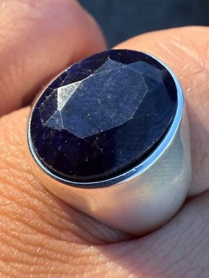 Large 18ct Natural Blue Sapphire Gemstone Mens Real Solid 925 Silver Oval Ring - Image 1 of 4