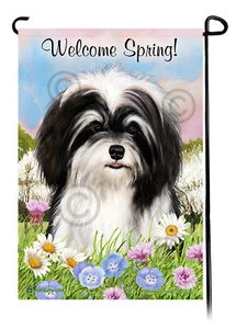 Welcome Spring Garden Flag - Black and White Havanese - Picture 1 of 1