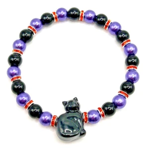 Cute 8.25" Halloween Black Kitty Cat Purple/Black/Orange Beaded Stretch Bracelet - Picture 1 of 4
