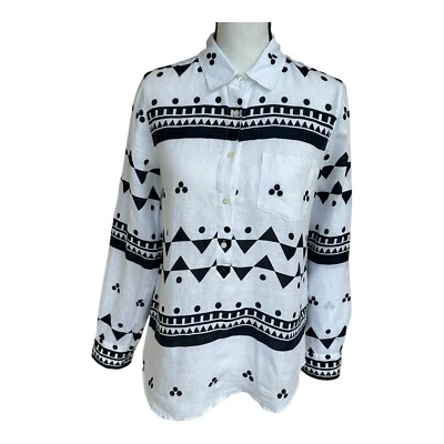 Blusa feminina J Crew 8 linho preto geométrico Henley gola longa tamanho 6 - Imagem 1 de 4