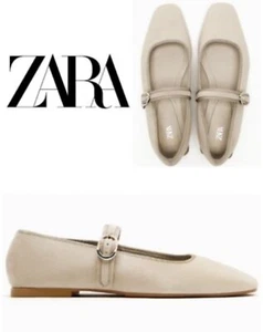 Zara Flat ballet Velvet Mary Jane Shoes Buckled strap Taupe Neutral Sz 9 Square - Picture 1 of 18