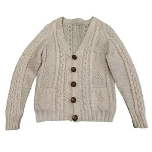 Vintage Aran Knit Cardigan Chunky Cable Irish Hand Knit Leather Buttons 10 Yrs - Picture 1 of 3