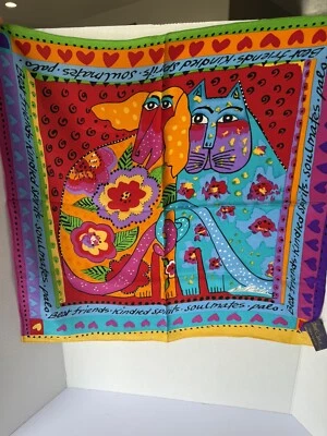 Laurel Burch Retirado 100% Seda Cuadrado Bufanda Brillos Gato Perro Best Friends Colección Foto 1 de 4