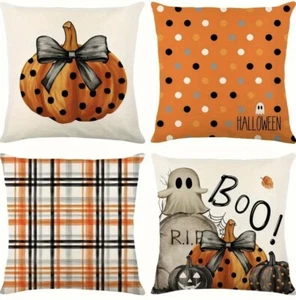 4pcs 18in*18in Halloween Fall Pillow Covers Cushion Covers Plaid Dots Ghost - Picture 1 of 6