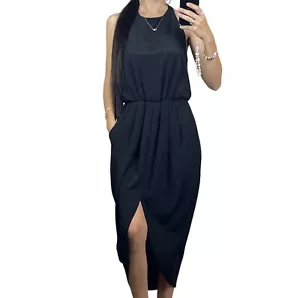 Sheike Maxi Dress Black Draped Gathered Halter Pockets Cocktail Going Out Sz S 8 - Picture 1 of 10