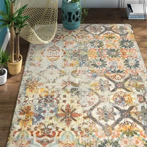 Floral Medallion Collection 4X6 Rug - Washable Non-Slip Distressed Bohemian Livi - Picture 1 of 8