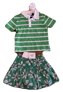 Hanna Andersson Stripe Green Shirt Top Sz 100 & Flower Green Skirt Sz 110 NWT - Picture 1 of 7