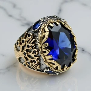 Tree of Life Ring For Men Sterling Silver Jewelry Simulated Sapphire Size 7-15 - Picture 1 of 7