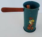 Vintage Tin Metal Toy Noise Maker Wood Handle Blue With Lady and Flowers LOUD!!