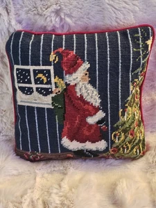 Almohada de Navidad vintage de lana punta de aguja de Santa terciopelo rojo espalda 9x9" decoración  - Imagen 1 de 11