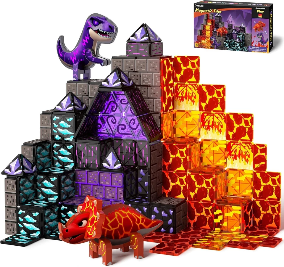 Magnetic Dinosaur Toys Magnetic Tiles Lava Cave Dinosaur World Set, STEM, 3+ Yrs - Image 1 of 4