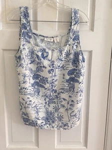 Nicole Miller Damen Gr. L ärmellos blau Leinenmischung Top tropisch weiß lotus - Bild 1 von 11