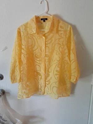  Yellow Sheer Blouse Art to Wear Floral Swirl Pearl Button Up Blouse Sz XLP EUC - Image 1 of 4