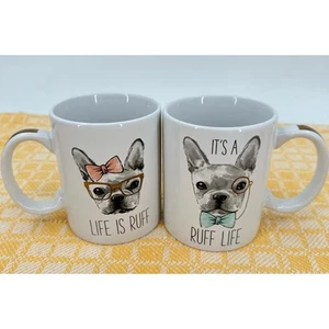 French Bulldog His Hers "Life is Ruff / Ruff Life" Coffee Mugs Valentine's Day - Picture 1 of 8