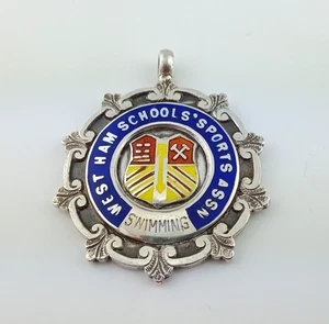 VTG SILVER & ENAMEL WEST HAM SCHOOLS SPORTS ASSN WATCH FOB MEDAL HM B'HAM 1931 - Picture 1 of 5