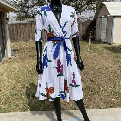 60s 70s Young Edwardian by Arpeja floral knee-length sundress sz Large belt sash - Image 1 of 4