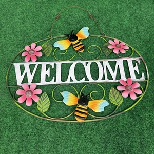Metall Frühling Blumen Willkommen Schild Haustür Wandbehang Blumen & Schmetterlinge - Bild 1 von 4