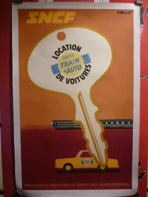 Affiche  Villemot SNCF train auto 1971 entoilée - Photo 1/4