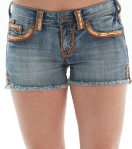 NEW Cowgirl Tuff Shorts 25 Waist Gold Dust Light Wash Denim Frayed Hem Sequins  - Picture 1 of 9