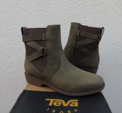 TEVA ТЕМНО ОЛИВКОВЫЙ ELLERY ВОДОНЕПРОНИЦАЕМЫЙ КОЖАНЫЙ БОТИЛЬОНЫ, ЖЕНЩИН США 8/EUR 39 ~ НОВЫЙ - Изображение 1 из 4