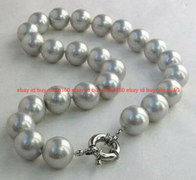 12MM Genuine Silver Gray South Sea Shell Pearl Round Gemstone Necklace 18" - Image 1 of 4