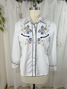 Scully White Cowgirl Shirt Embroidered Flowers Rhinestones Pearl Snap Rodeo XL - Picture 1 of 10