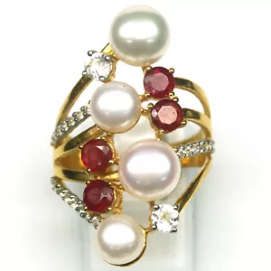 Edelstein Weiße Perle, Rubin & Topas Schmuck Ring 925 Silber Größe 8.25 - Bild 1 von 4