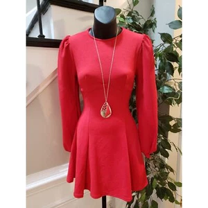 Boohoo Skater Dress Women's 4 Red Bust Detail Blouson Sleeve Crew Neck Pullover - Picture 1 of 13