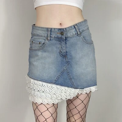 Evie Mini Skirt 10-12 M Tiered White Lattice Trim Patchwork Asymmetric Cottage - Image 1 of 4