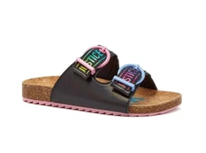 JUSTICE Girls Size 5 Black Buckle Straps, Slide On Sandals, Cork Footbed - Picture 1 of 6