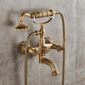 Wall Mount Bathtub Filler Faucet Antique Brass Swivel Spout Hand Held Shower Tap - Picture 1 of 11