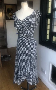 WALLIS 90S SIZE 12 VINTAGE POLKA DOT WHITE BLACK CHIFFON FRILLS ASSYMETRIC HEM - Picture 1 of 12