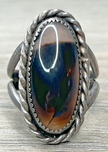 Vintage Signed Navajo Native Sterling 925 Montana Moss Agate Oval Ring 7g SZ 7 - Picture 1 of 14