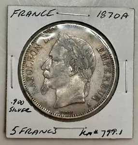 1870 A France 5 Francs Silver Coin - KM#799.1 - Picture 1 of 2