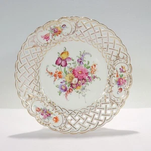 Antique Reticulated Dresden Porcelain Cabinet Plate with Deutsche Blumen - PC - Picture 1 of 5