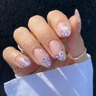 Long Almond False Nails Blue Flowers Press On Nails Manicure Fake Nials  Women
