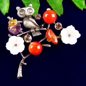 Natural Red Agate Beads Rhinestone Alloy Owl Tree Shell Flower Brooch BL-67